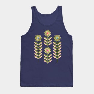 LOVE ME LOVE ME NOT Folk Art Mid-Century Modern Scandi Floral in Pink and Green on Dark Blue - UnBlink Studio by Jackie Tahara Tank Top